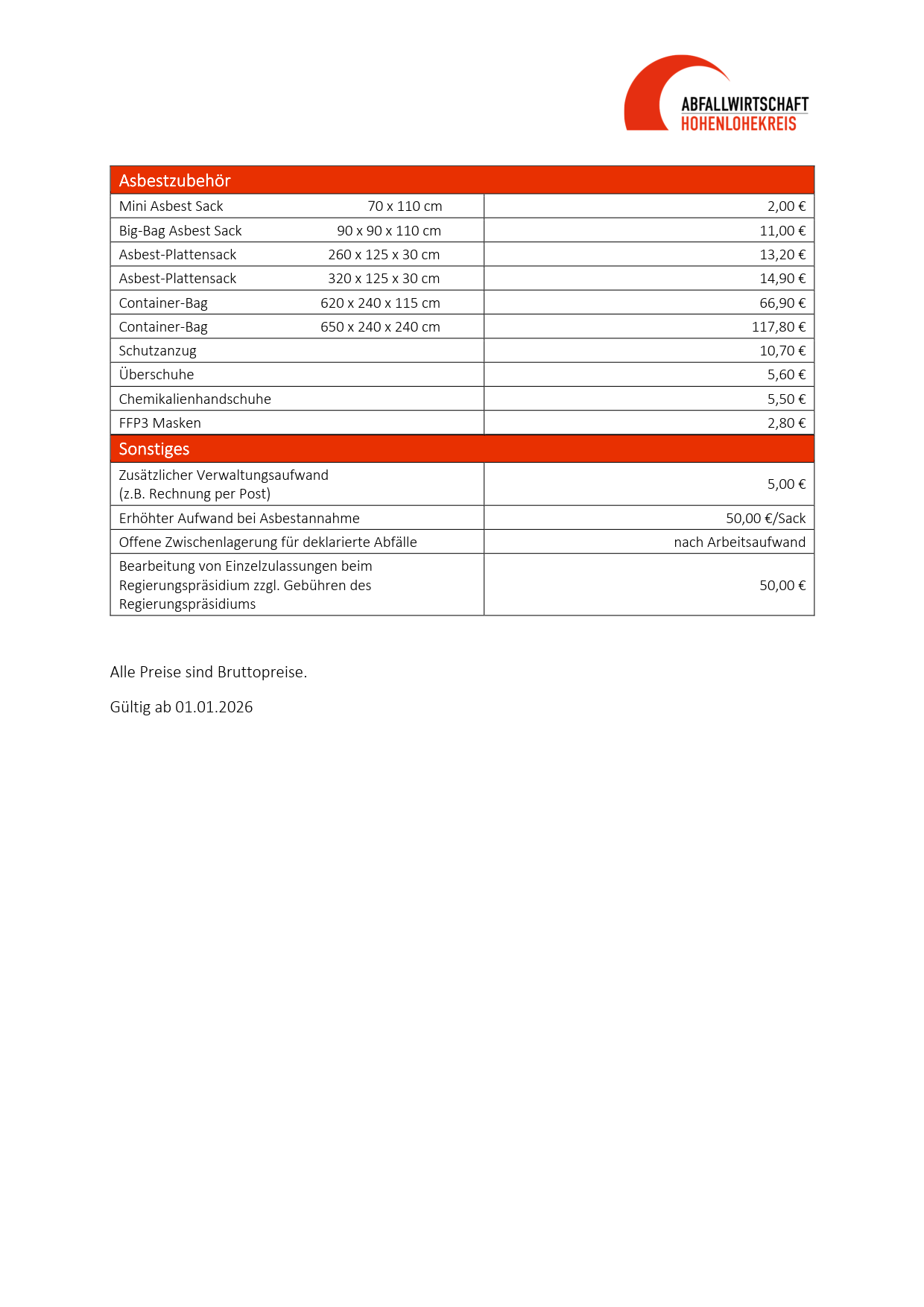 Preisblatt Erd und Bauschutt Deponie2